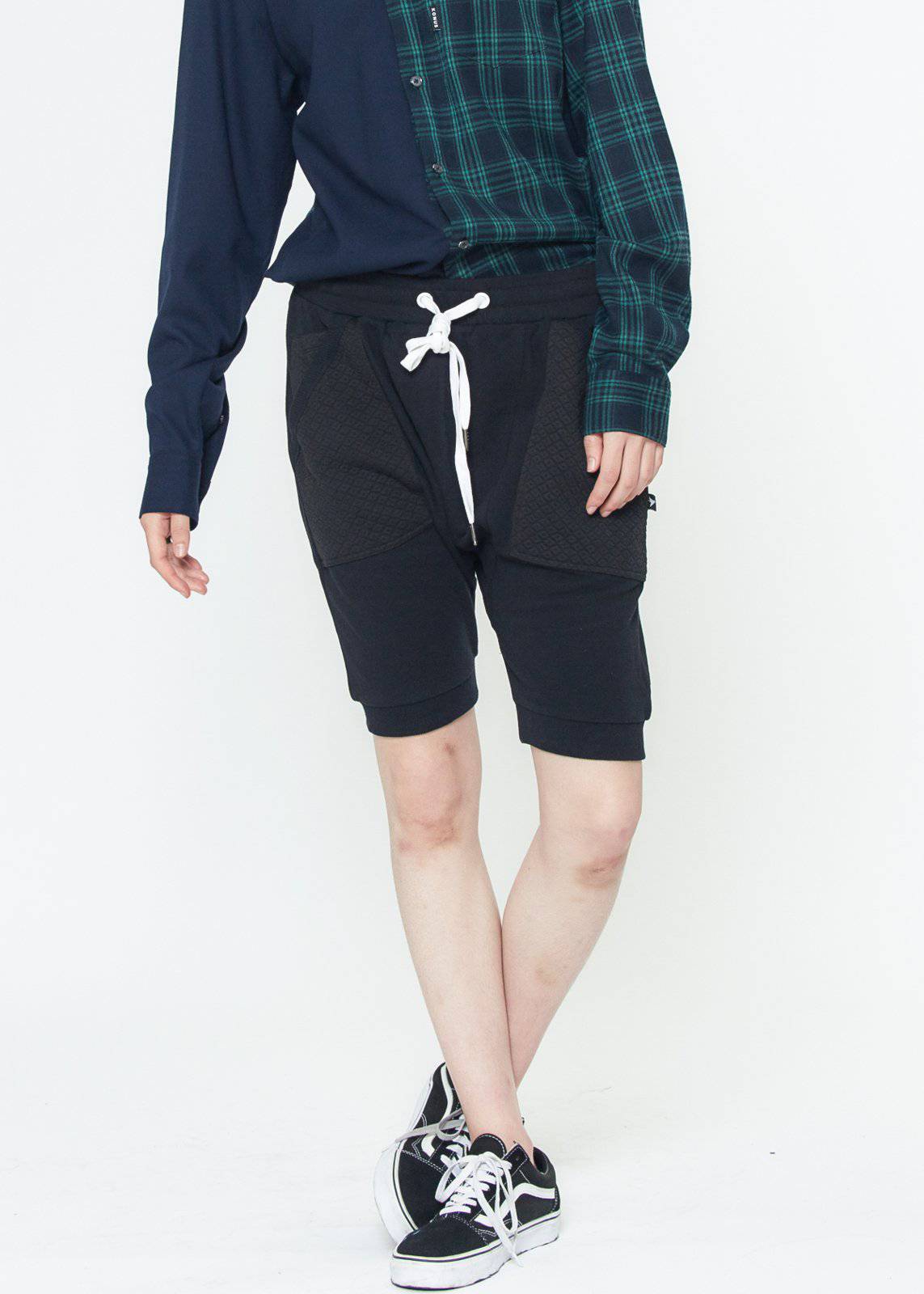 Konus Men's Drop Crotch Shorts Contrast Pockets in Black by Shop at Konus