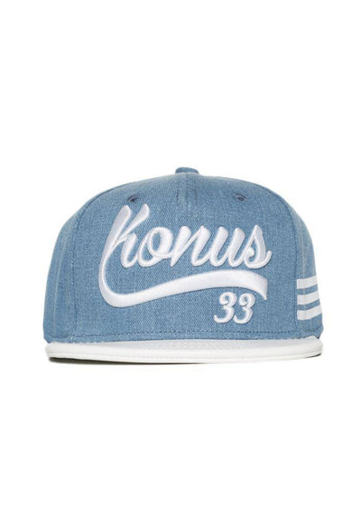 Konus Men's 5 Panel Washed Denim Snap Back With Logo Embroidery in Light Blue by Shop at Konus