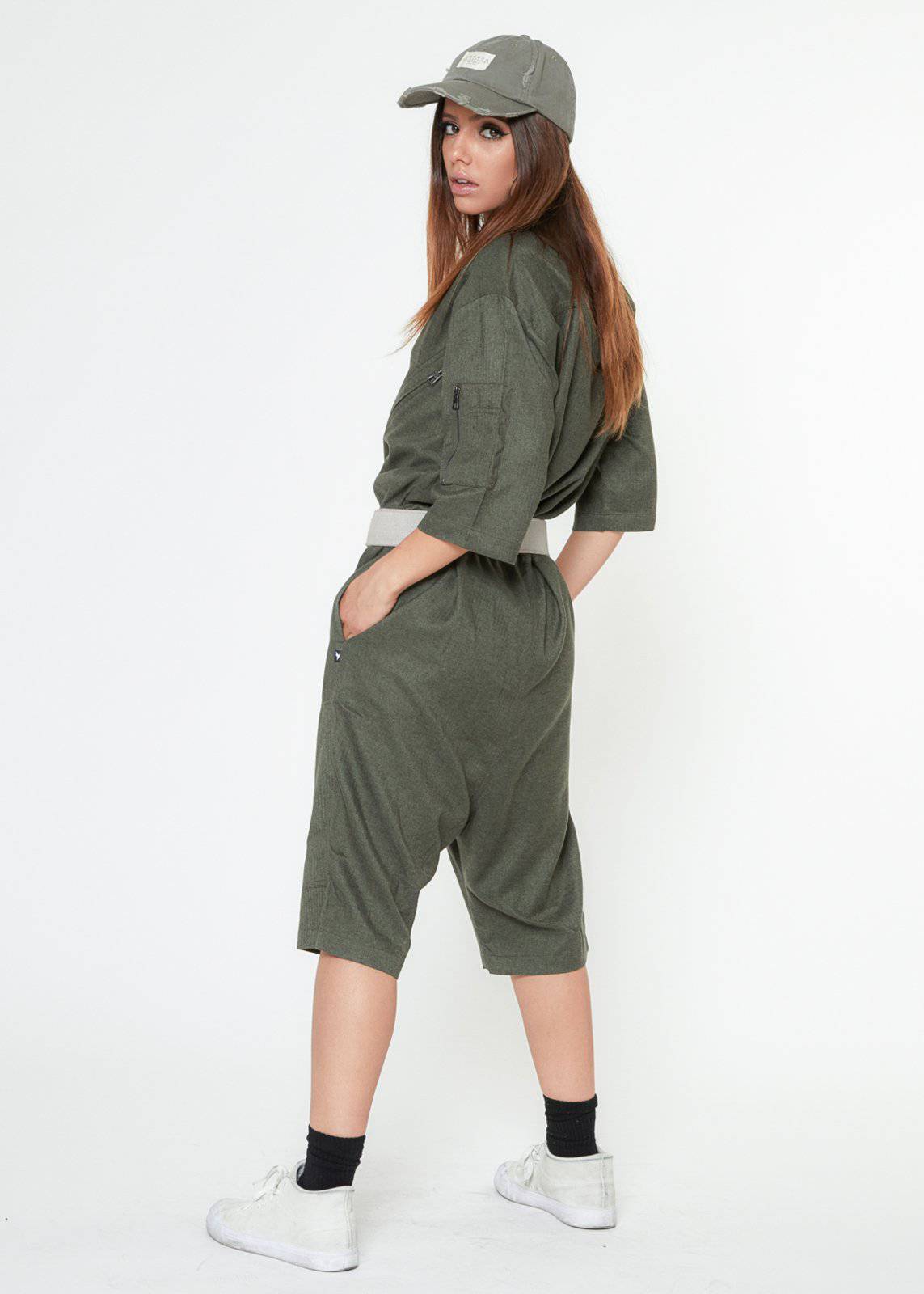 Unisex Short Sleeve Overall With Zipper Pockets In Olive by Shop at Konus