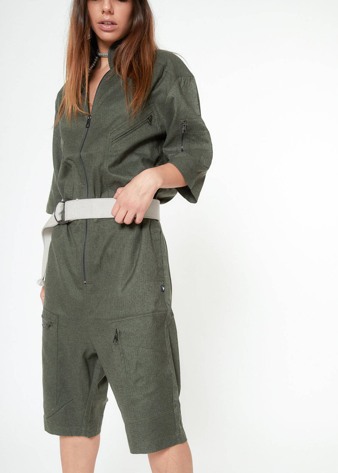 Unisex Short Sleeve Overall With Zipper Pockets In Olive by Shop at Konus