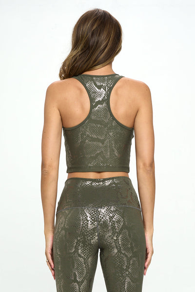 Kendall -  Agave Gunmetal Shiny Snake Compression Crop Tank - LIMITED FOIL EDITION by EVCR